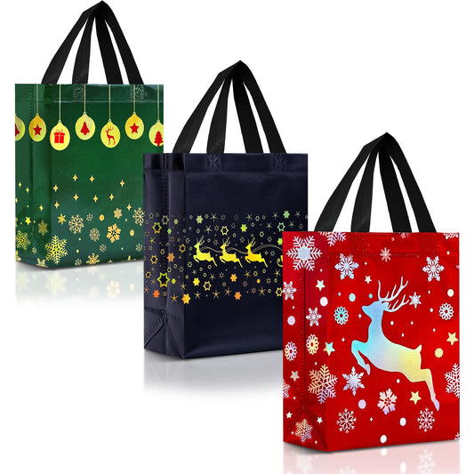 12 Christmas Gift Bags with Handles – Reusable Christmas Bags for Gifts Medium Size - Holiday Gift Bags in Festive Red, Green & Navy Blue Mix - Perfect Party Favor Bags for Xmas - 8x4x10