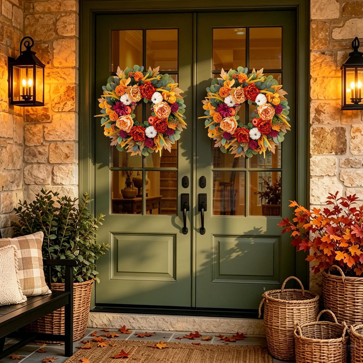 24 Inch Fall Wreaths for Front Door with Orange Peony and Burgundy Dahlias