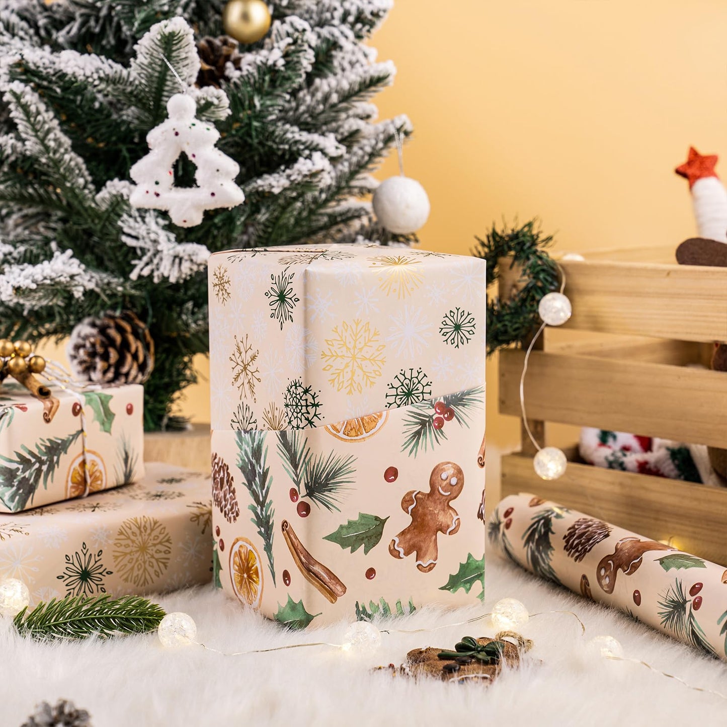 RUSPEPA Reversible Wrapping Paper Roll - Mini Roll - Christmas Gingerbread and Snowflake Pattern Great for Christmas, Party, Holiday - 17.5 Inches X 32.8 Feet