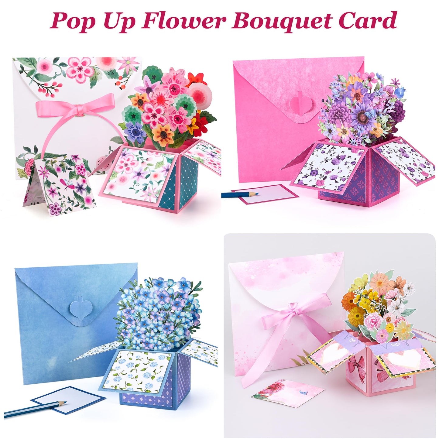 Giiffu 4 Pack Pop Up Flower Bouquet Cards, 3D Flower Pop Up Card with Envelope & Note, Mothers Day Pop Up Cards for Mom, Birthday Cards for Women, Paper Flower Bouquet, Get Well & Thank You Cards