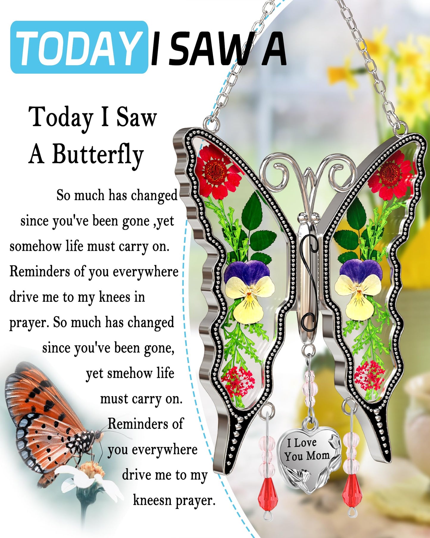 KY&BOSAM Gifts for Mom Butterfly Suncatcher I Love You Mom Stained Glass Sun Catcher Hanging for Window Wind Chime Pressed Dried Flowers Engraved and Metal Charm Mothers Day Valentine's Birthday Decor