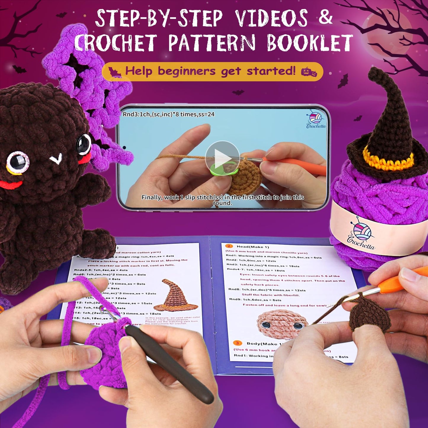 Crochetta Crochet Kit for Beginners, Crochet Starter Kit w Step-by-Step Video Tutorials, Beginner Crochet Kit for Adults Kids Women Men Complete Kit Included (Axolotl Wizard)
