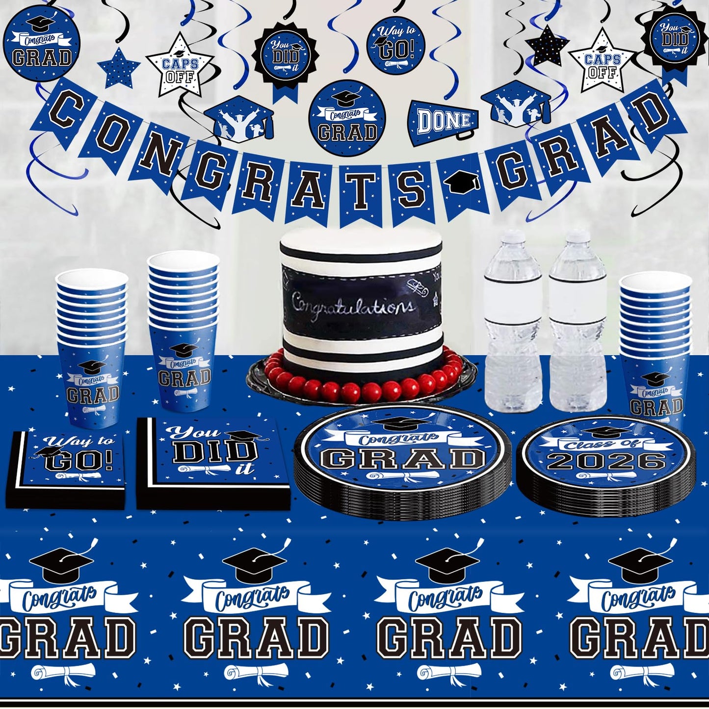 DAZONGE Graduation Decorations 2026 Blue, 265pcs Graduation Party Decorations 2026, Disposable Tableware Set for 50 Guests, Plates, Cups, Tablecloth with Congrats Grad Hanging Decor