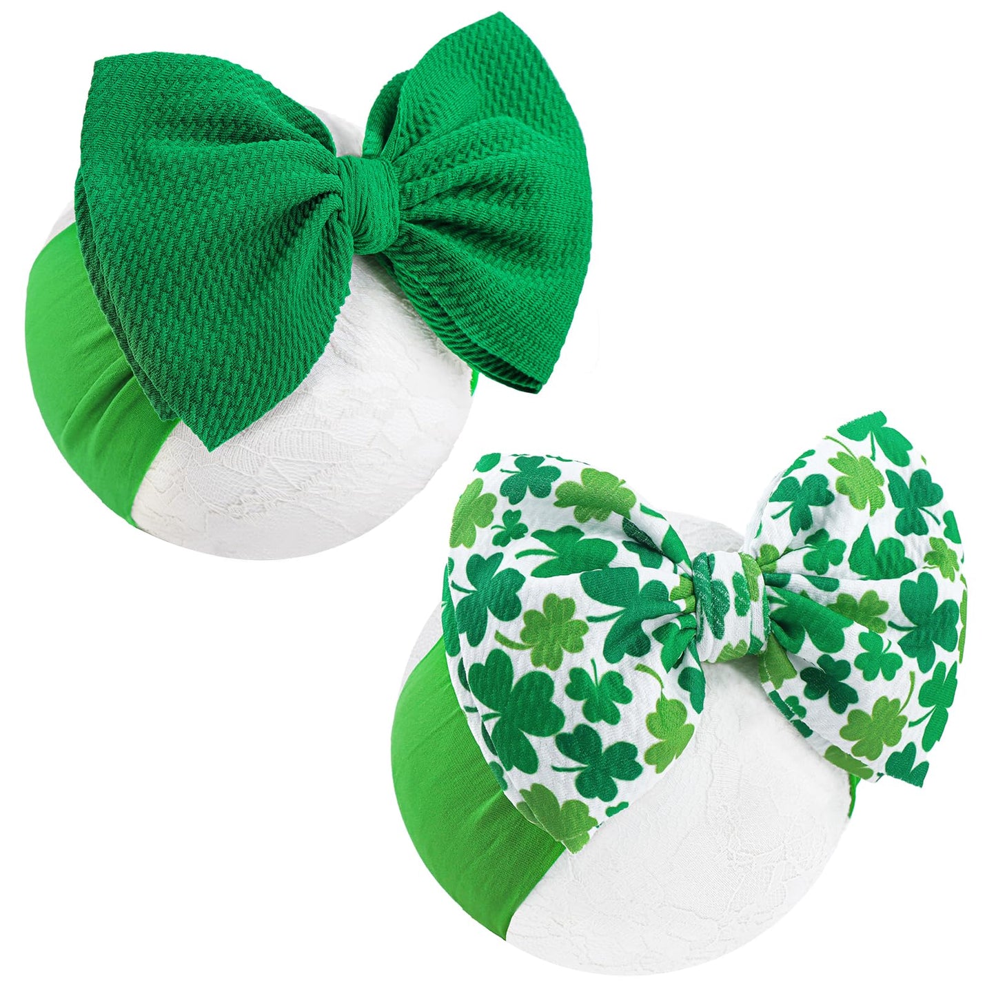 St.Patrick's Day Hair Accessories for Infant Baby Girls, Green Headbands with Bows, Shamrock Print, Nylon Hairbands, 2 Count