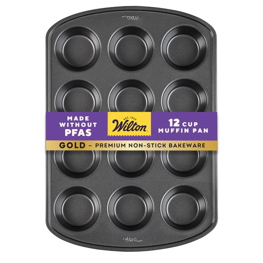 Wilton Gold Non-Stick Bakeware Muffin Pan - Baking Pan for Muffins & Cupcakes - Made Without PFAS, Dent Resistant & Dishwasher Friendly - Offers Even Heat Distribution - 10.5 x 15 x 2 Inches, 12 Cup
