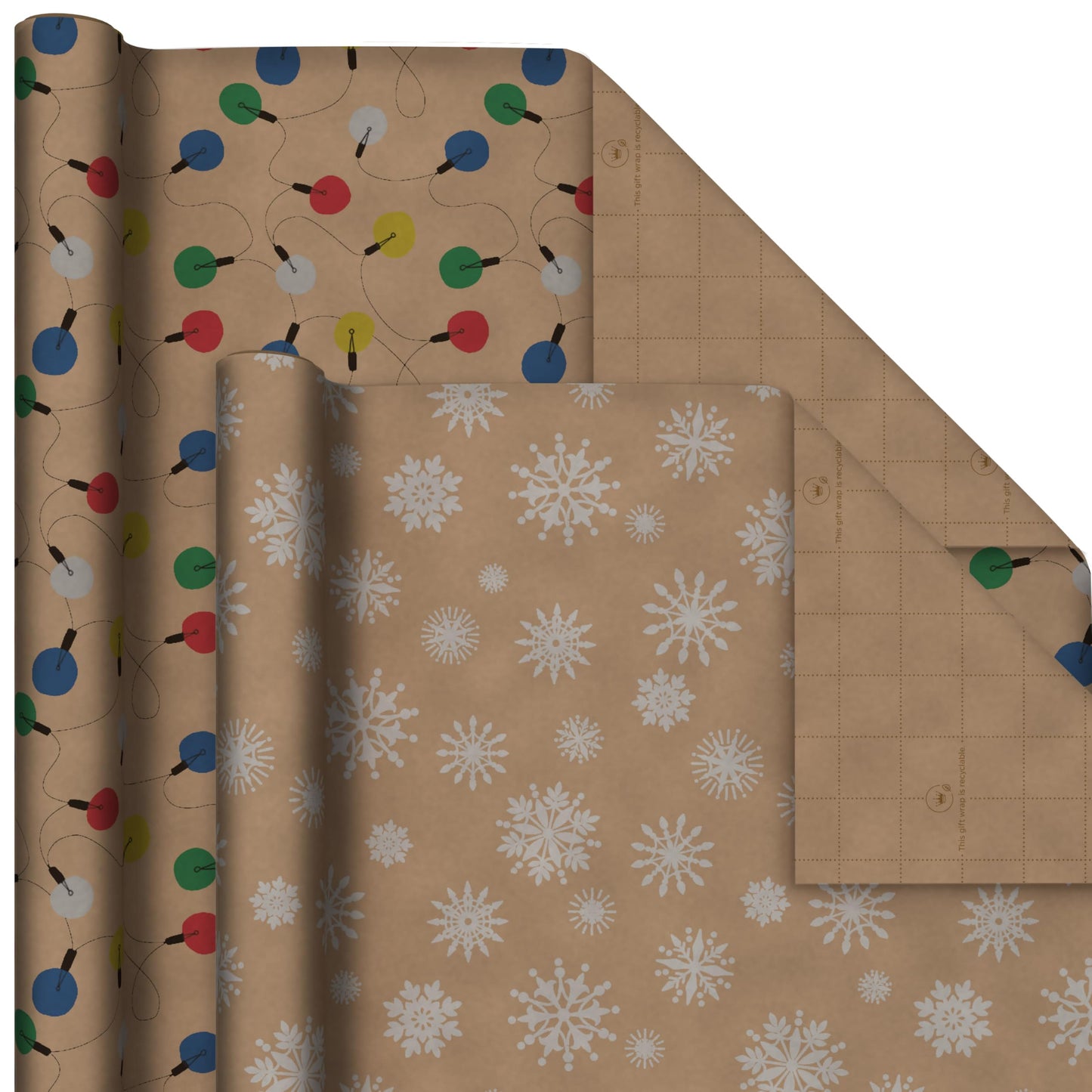 Recyclable Christmas Wrapping Paper for Kids with Cut Lines on Reverse (4 Rolls: 88 sq. ft. ttl) Kraft Brown with Christmas Lights, Deer, Snowflakes, Red, Green, Blue Stripes (0005JXW1212)