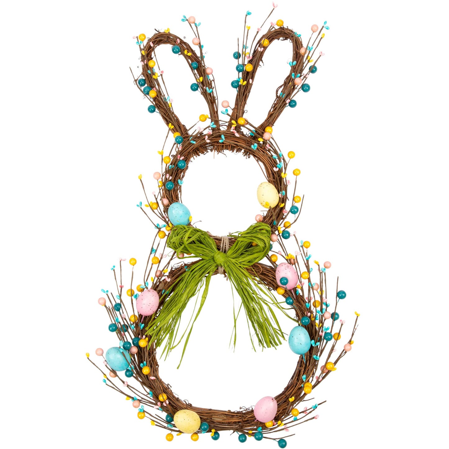 27 Inch Artificial Easter Wreath for Front Door Rabbit Wreath with Pastel Eggs and Mixed Twigs Spring Bunny with Raffia Bow for Easter Decorations