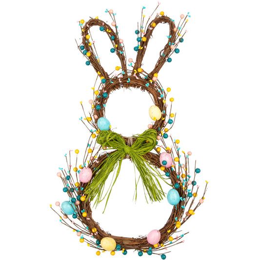 27 Inch Artificial Easter Wreath for Front Door Rabbit Wreath with Pastel Eggs and Mixed Twigs Spring Bunny with Raffia Bow for Easter Decorations
