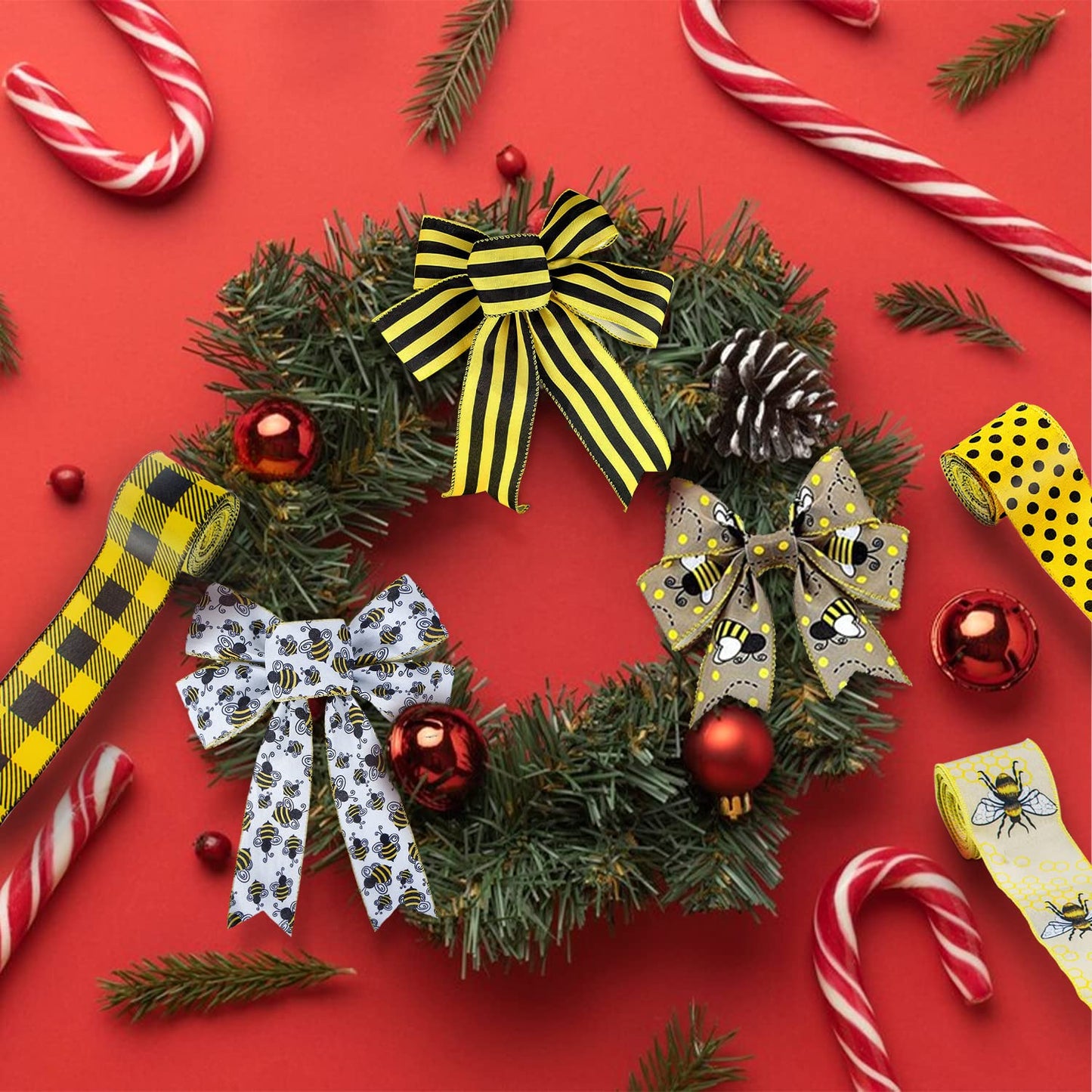 Bee Ribbons 6 Rolls Bee Wired Ribbon Sewing DIY Craft Bee Fabric 40 Yards 2.5 Inch Yellow Ribbon Stripe Gingham Dot Summer Ribbon Craft Bees for Bows Wreaths Wrapping Party Decorative