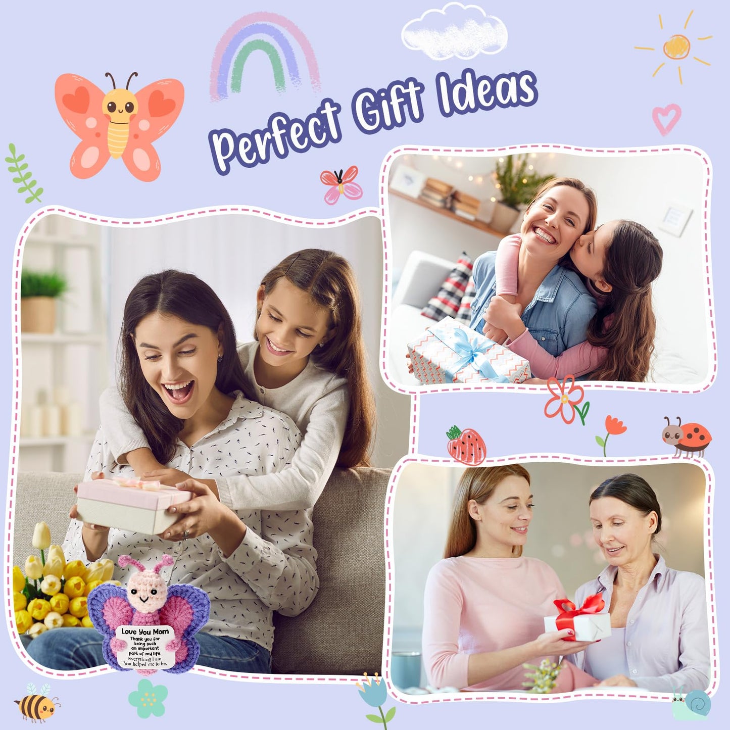 WEYON Mom Gifts for Mothers Day from Daughter Son, Mini Crochet Butterfly for First New Bonus Mom in Law Birthday, Funny Presents Like Necklace Card Bracelet Blanket Flowers Basket Candle Mug Box Set