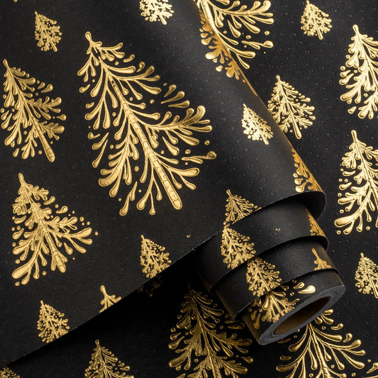 Black Kraf Christmas Wrapping Paper,Gold 3D Embossed Foil Christmas Pine Tree with Woodlands Wrap Paper for Holiday, Party,Celebration, New Year (17 Inch X 32.8 Feet)