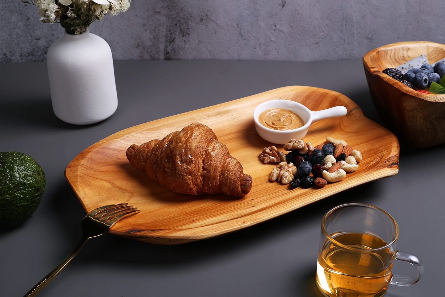 Natural Fir Root Wood Dish Bowl, Handmade Wood Serving Platter Tray Plate,Wooden Plates for Sandwich Bread Fruit Salad Snack Dough Candy Serving Appetizer Display (11.4"x7.5")