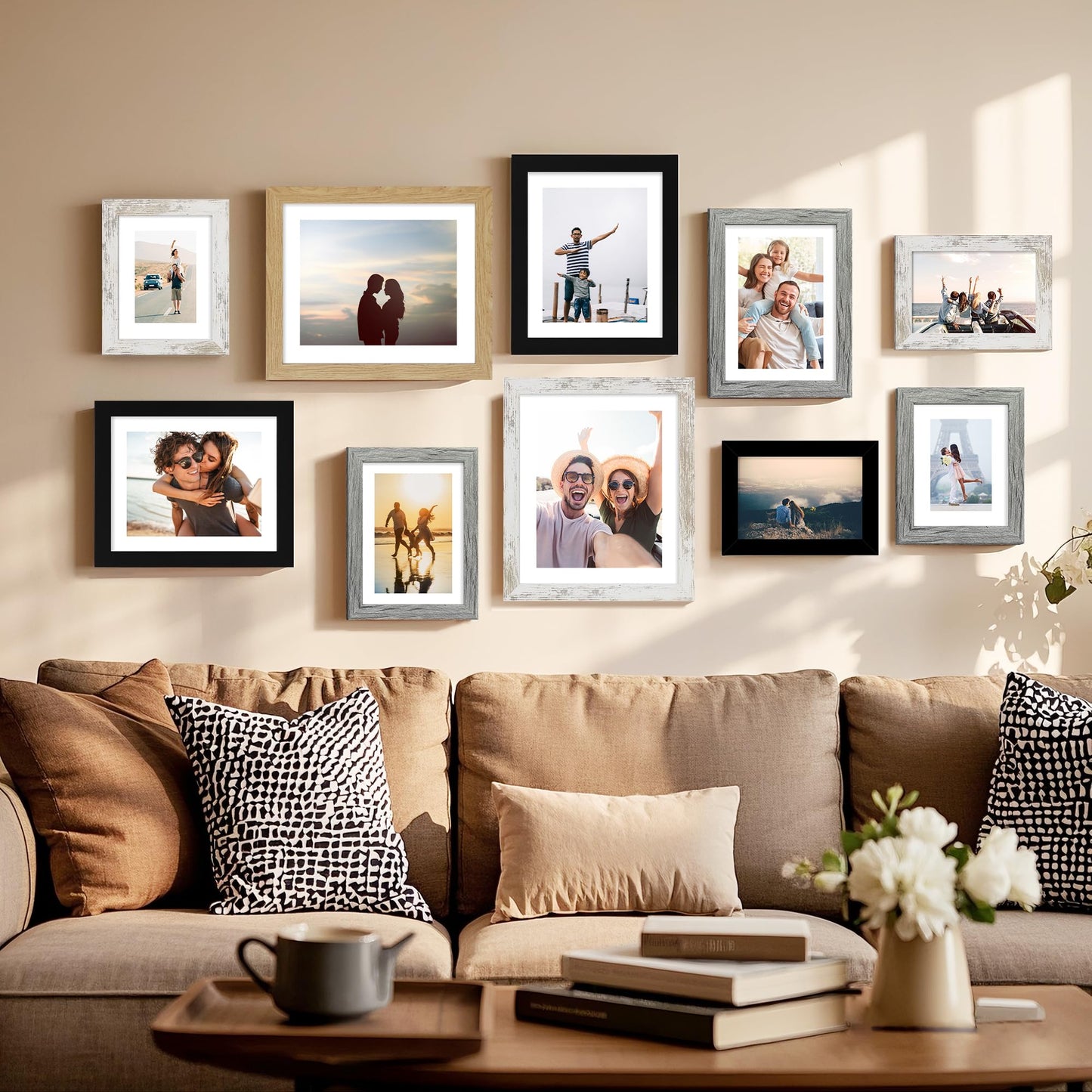 Hongkee 7x10 Picture Frame Set of 4, Made of Real Glass and Black Frame - Display 5.5 x 8.5 Diploma Frame with Mat or 7x10 Without Mat, 7 by 10 Photo for Wall or Tabletop