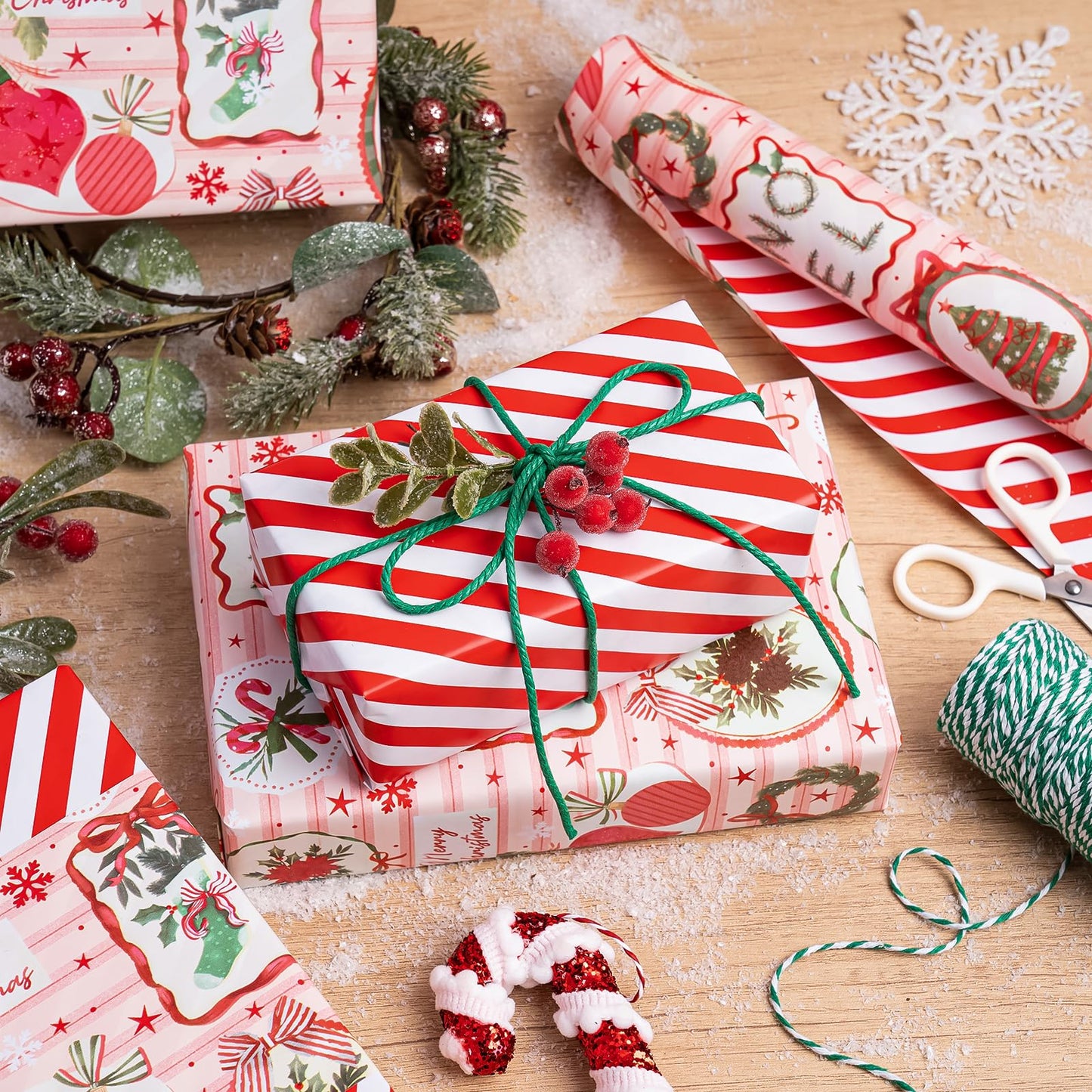 30 Inch Jumbo Reversible Christmas Wrapping Paper - 30 Inch x 33 Feet - Pink & Red Classic Christmas Decor and Stripes Wrapping Paper for Xmas Holiday, Party Celebration