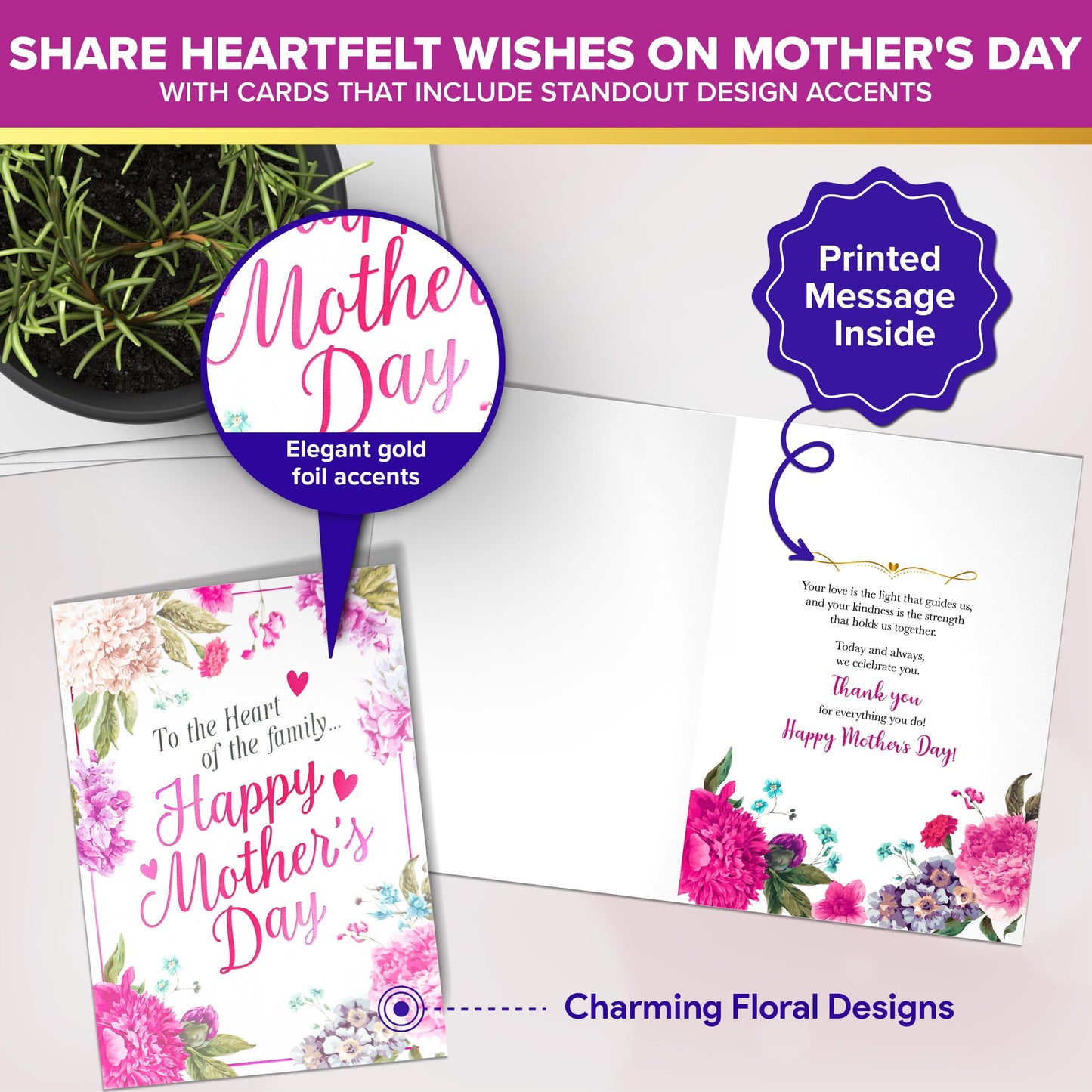 Decorably 6 Pack Foiled 5x7in Mothers Day Cards Pack with Envelopes and Stickers, 3 Floral Designs Mother's Day Cards Pack with Printed Message Inside
