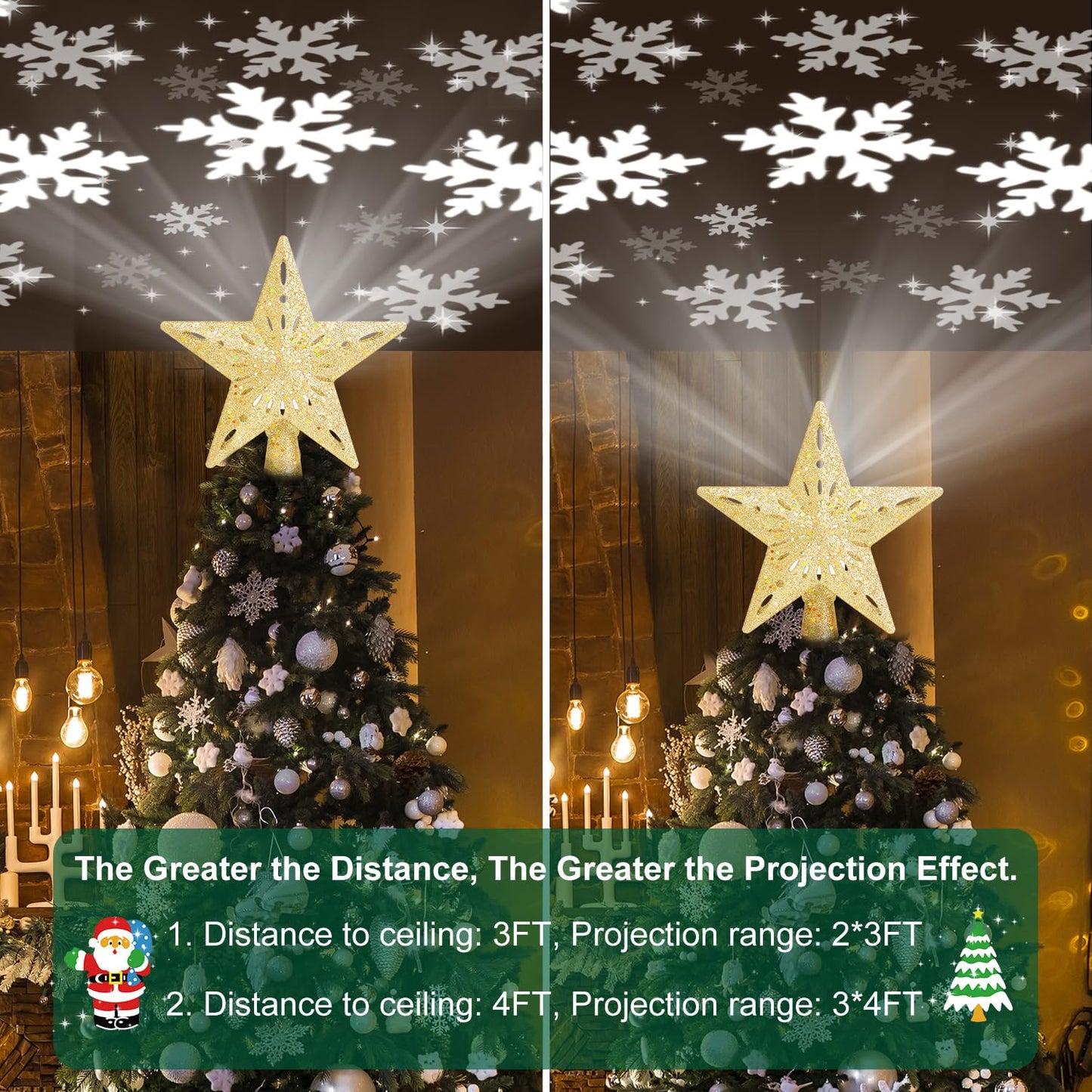 Kesfitt Christmas Tree Topper Golden Lighted with 6 Projection Modes,Christmas Tree Star Built-in LED Rotating Lights, 3D Glitter Dynamic Projection for Xmas Party Holiday Decorations