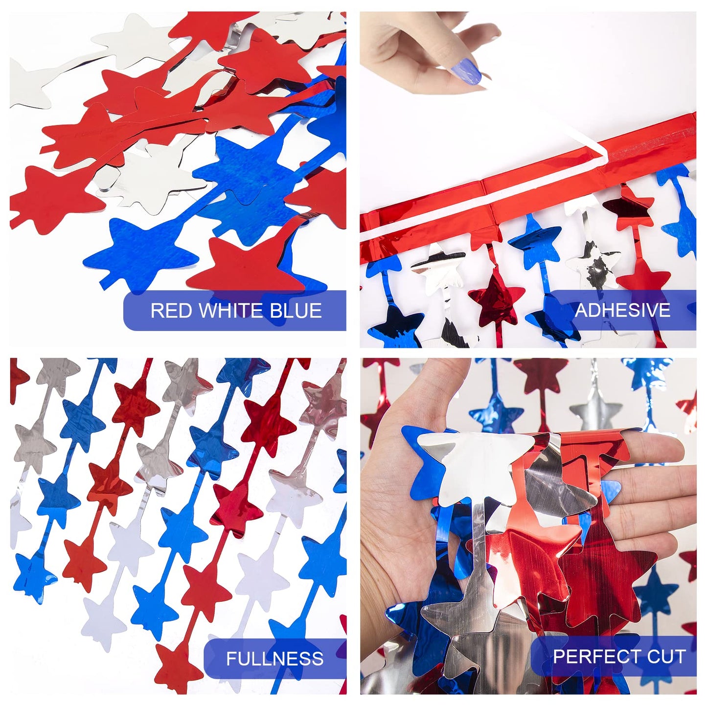 LOLStar 4th of July Decorations,Red White and Blue 3 Pack Star Tinsel Foil Fringe Curtains,Independence Day Photo Booth Prop Streamer Backdrop for America Patriotic Party,Memorial Day,Labor Day