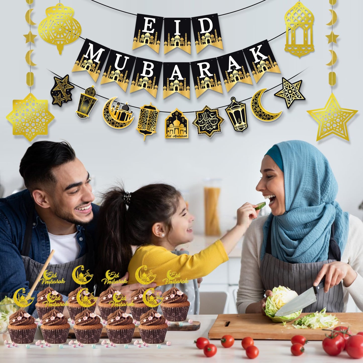 AhfuLife Ramadan Mubarak Decorations, Eid Decorations for Home - Preassembled Ramadan Eid Mubarak Banners, 16 Pcs Eid Balloons, 6 Pcs Islamic Star Moon Lantern Garland Streamer, 10 Pcs Cupcake Toppers