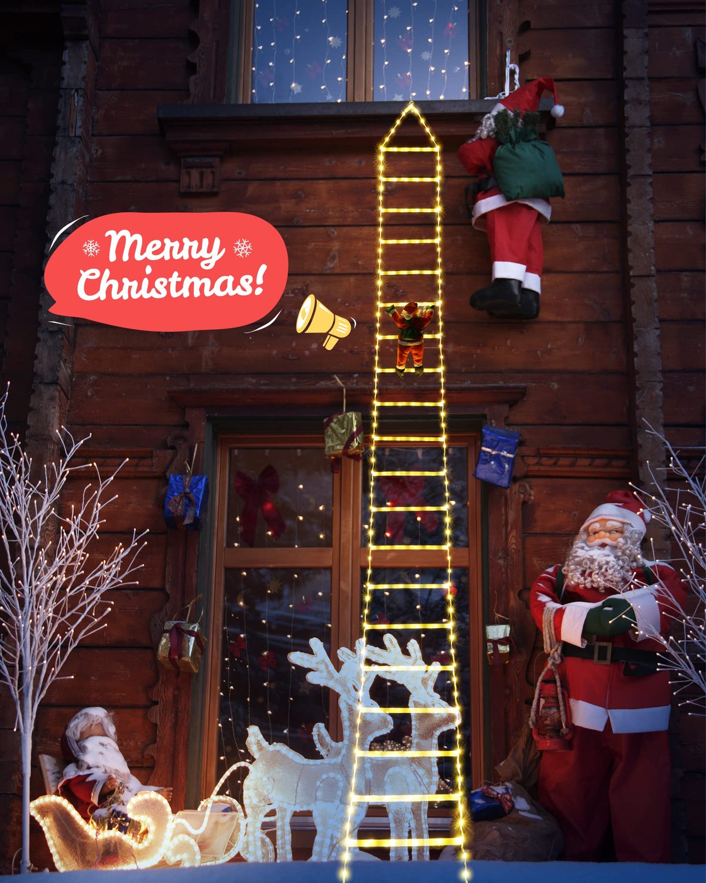 Toodour LED Christmas Lights - 10ft Christmas Decorative Ladder Lights with Santa Claus, Xmas Decorations Light for Indoor Outdoor, Window, Garden, Home, Wall, Xmas Tree Decor - Warm White