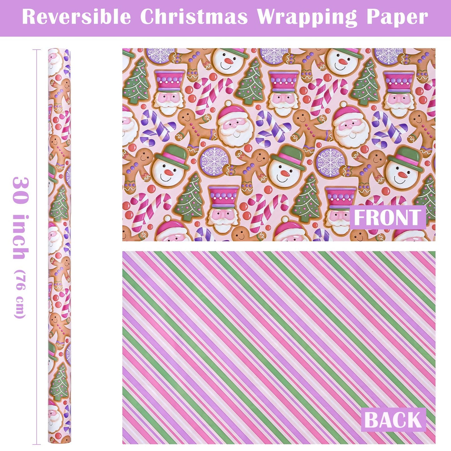 30 Inch Jumbo Reversible Gingerbread Christmas Wrapping Paper - 30 Inch x 33 Feet - Pink Purple Stripes and Gingerbread Wrapping Paper for Xmas Holiday, Party Celebration