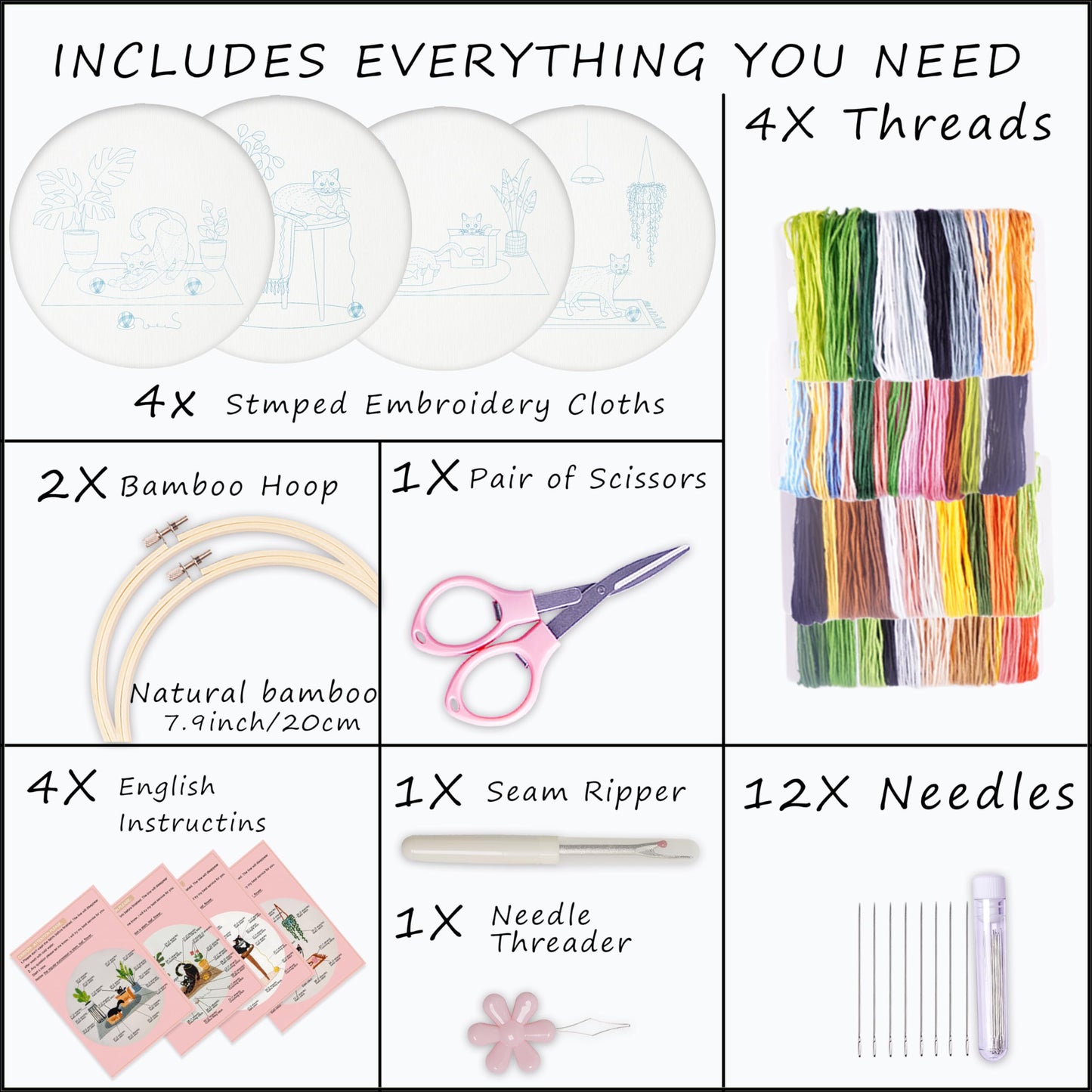 4 Sets Embroidery Set for Beginners, Art Craft, Easy Sewing, Includes Embroidery Clothing, Pattern, Embroidery Hoop, Instruction Manual, Colorful Thread Stitch Set (Cat)