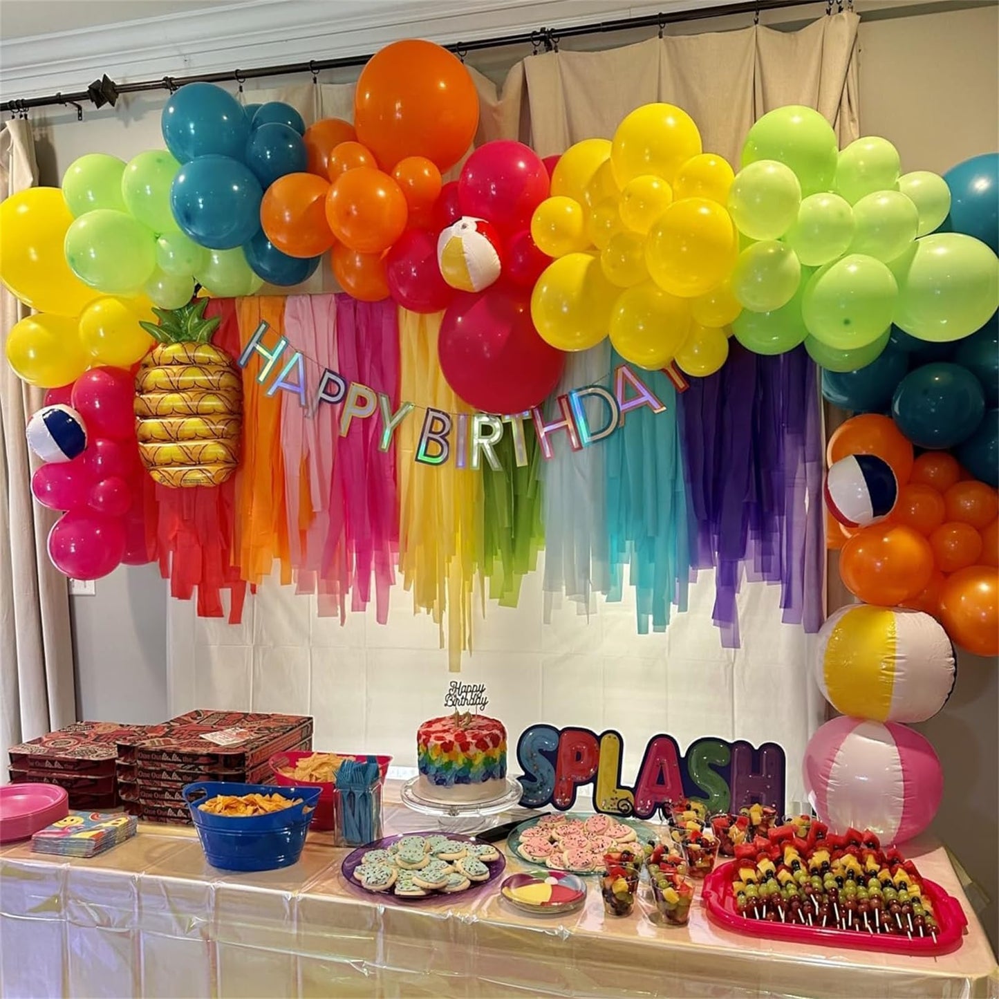 141 Pcs Rainbow Neon Balloon Arch Kit, Hot Pink Lime Green Orange Slate Blue Yellow Latex Hawaii Summer Tropical Balloon Garland for Hawaiian Luau Aloha Birthday Baby Shower Pool Party Decorations