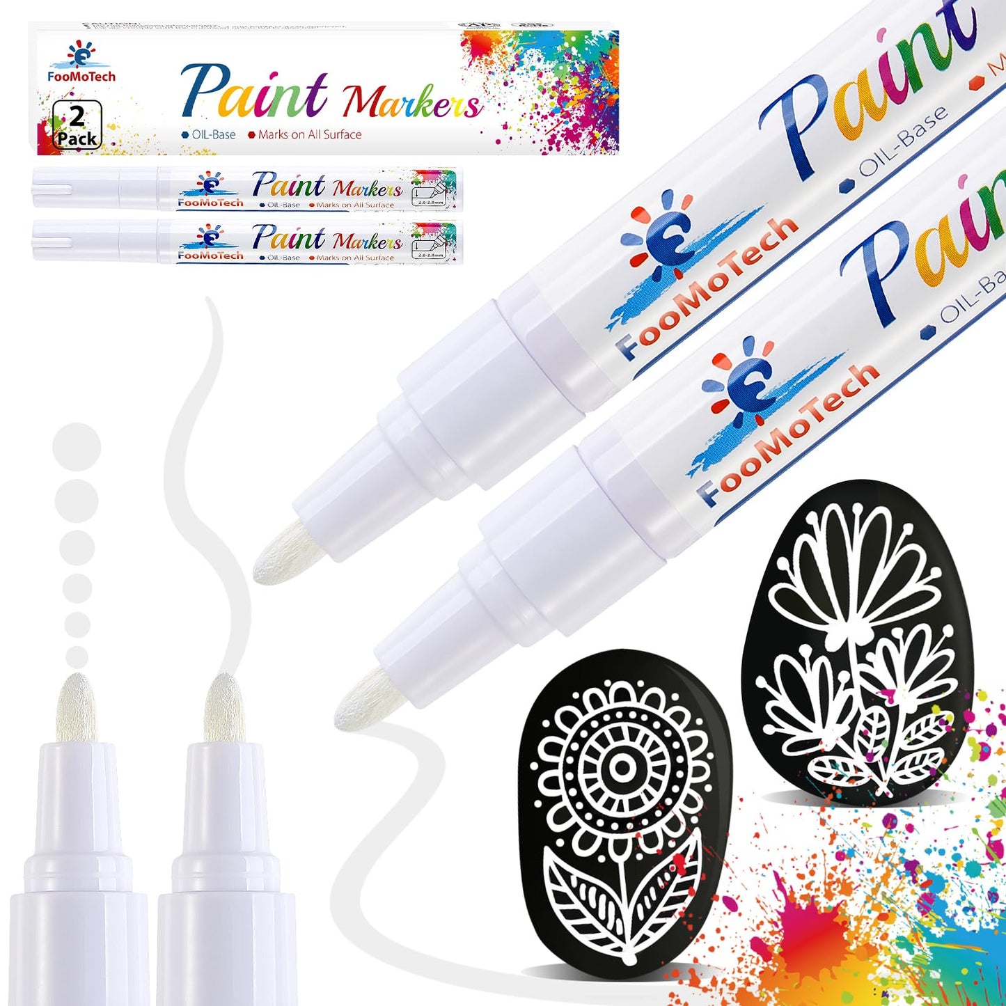 FooMoTech White Paint Pen Paint Markers - Permanent Acrylic Markers 2 Pack, Oil Based, Medium Tip, Quick Dry, Wateproof Paint Markers for Rock, Fabric, Metal, Wood, Plastic, Canvas, Leather, Glass