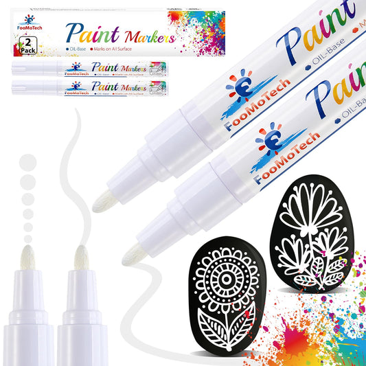FooMoTech White Paint Pen Paint Markers - Permanent Acrylic Markers 2 Pack, Oil Based, Medium Tip, Quick Dry, Wateproof Paint Markers for Rock, Fabric, Metal, Wood, Plastic, Canvas, Leather, Glass