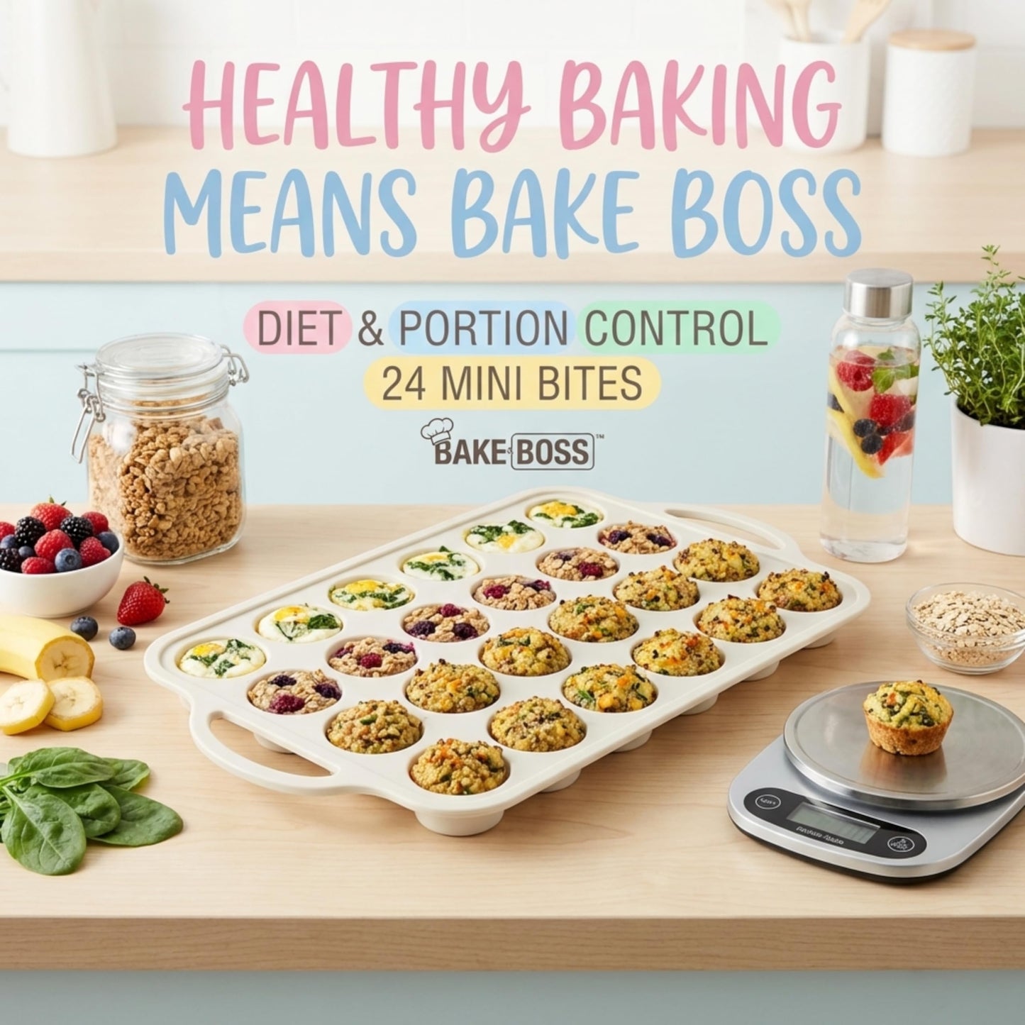 BAKE BOSS Mini Muffin Pan Silicone 24 Cup 2 Pack – Metal Reinforced Frame Nonstick Silicone Molds for Baking Muffins, Egg Bites & Cupcakes – LFGB BPA-Free, Dishwasher Safe, Cream