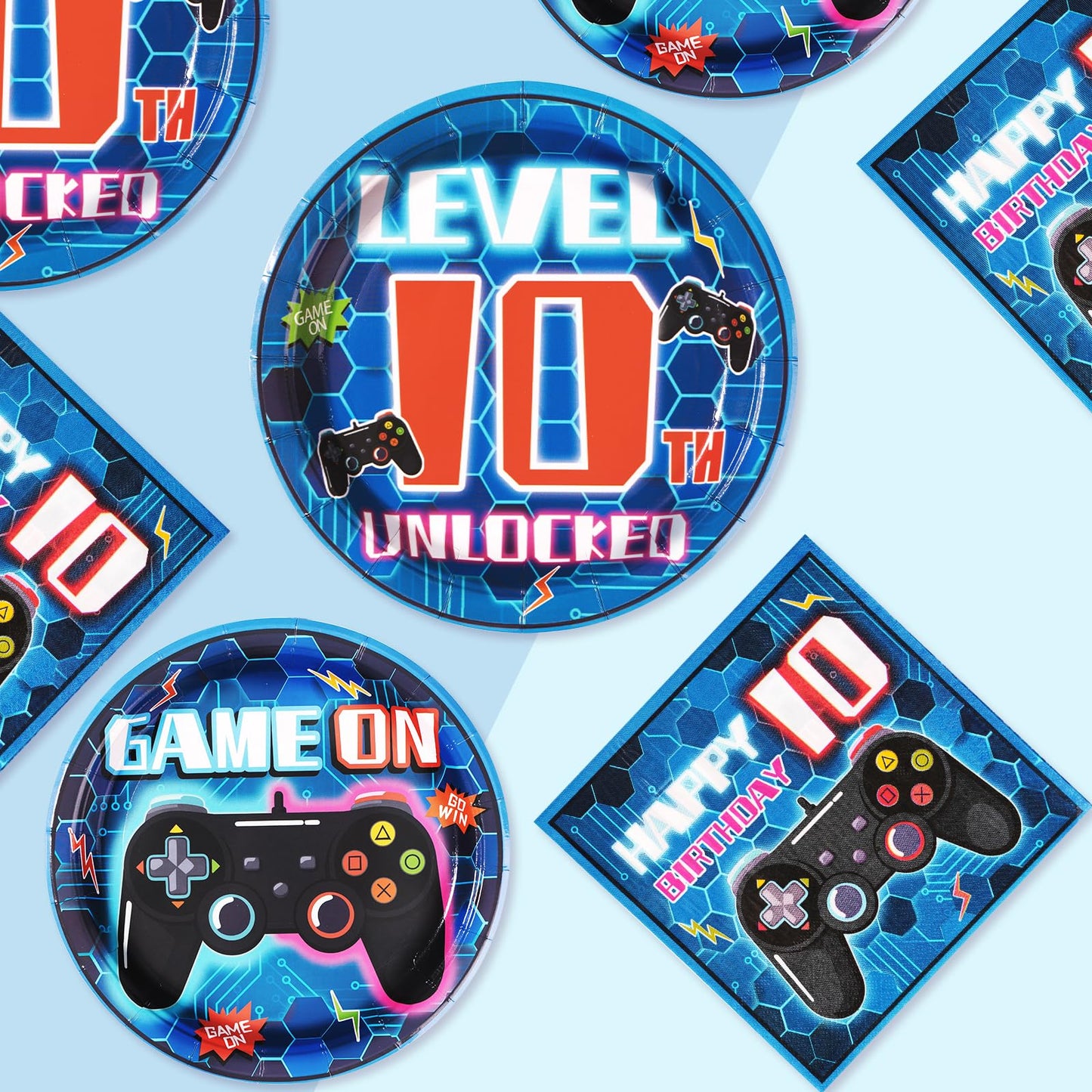 96 Pcs 10th Birthday Video Game Party Supplies 350 GSM Video Game Birthday Decorations Disposable Paper Plates and Napkins Tableware Set for Kids Boys 10th Birthday Gamer Gaming Party Serves 24