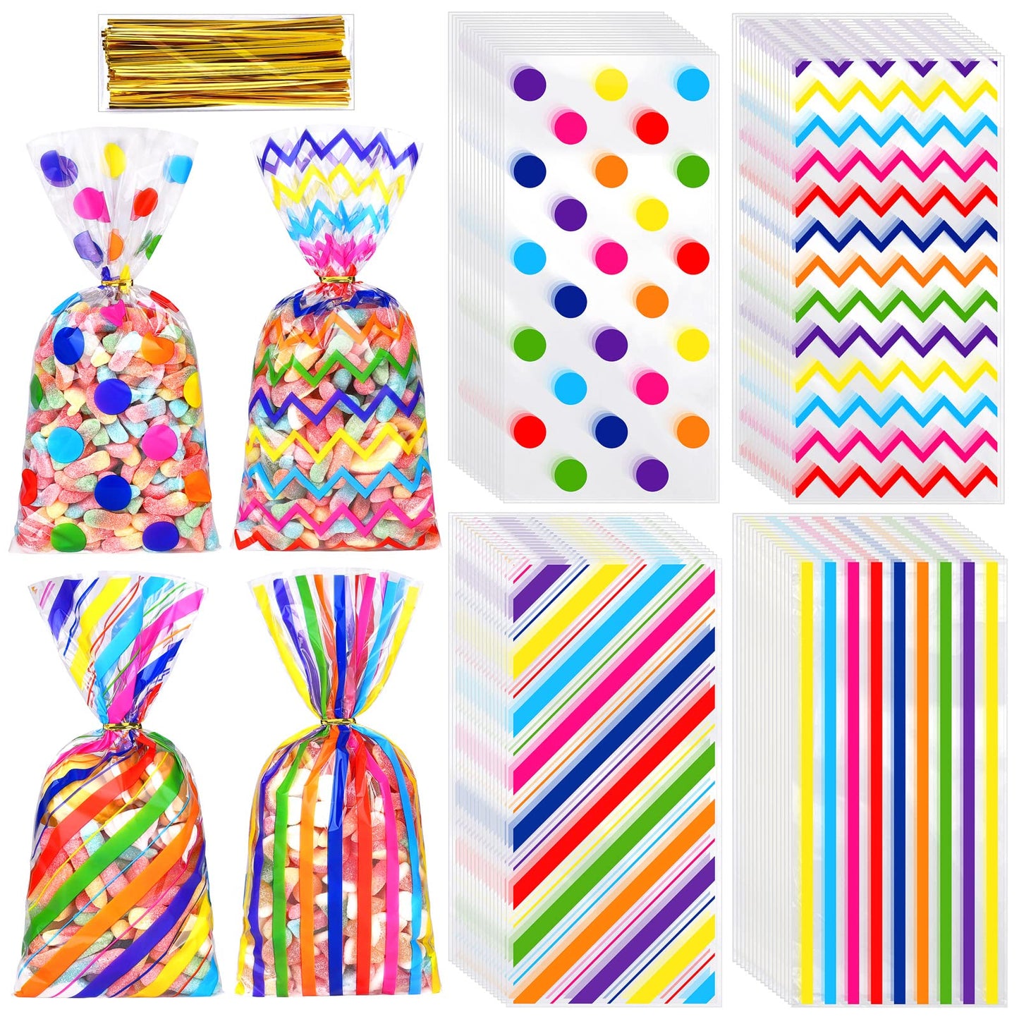 Aodaer 100 Pieces 10.6 x 5.1 In Rainbow Cellophane Bags Plastic Candy Gift Bags Cellophane Treat Bags with Twist Ties Stripes Polka Dot Printed Pattern Goodie Bags for Birthday Weddings Party Favors