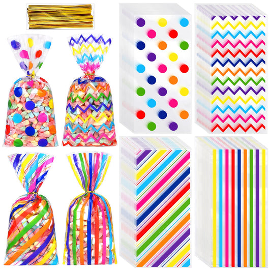 Aodaer 100 Pieces 10.6 x 5.1 In Rainbow Cellophane Bags Plastic Candy Gift Bags Cellophane Treat Bags with Twist Ties Stripes Polka Dot Printed Pattern Goodie Bags for Birthday Weddings Party Favors