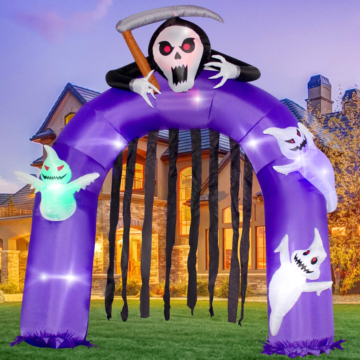 6FT Halloween Inflatables Giant Grim Reaper Arch with Three White Ghost, Built-in LEDs for Halloween Blow-Up Indoor-Outdoor Decoration