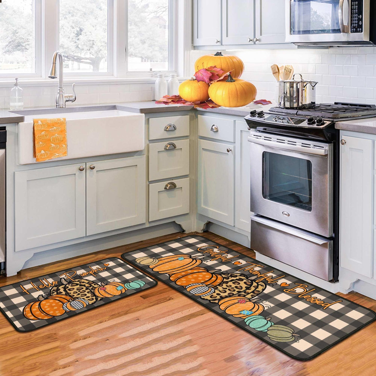 Fall Kitchen Rugs and Mats for Floor, Fall Decorations for Home, 2 Pcs Non-Slip Backing Pumpkin Mat, Autumn Decor Thanksgiving Kitchen Rug Sets with Runner 17"x47.2"+17"x30"