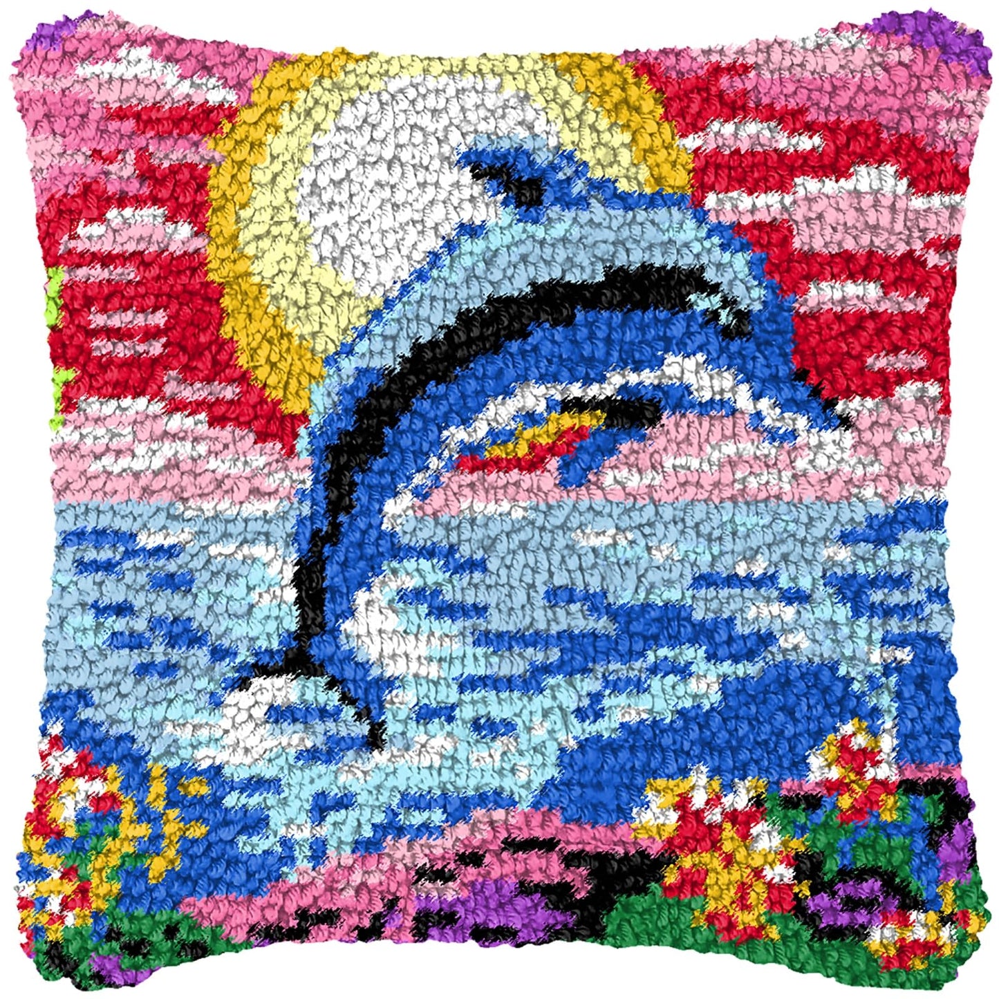 Sunset Dolphin Latch Hook Kits DIY Throw Pillow Cover for Adults Kids Color Pattern Printed Hook Crochet Yarn Hand Craft Embroidery 17X17 Inch
