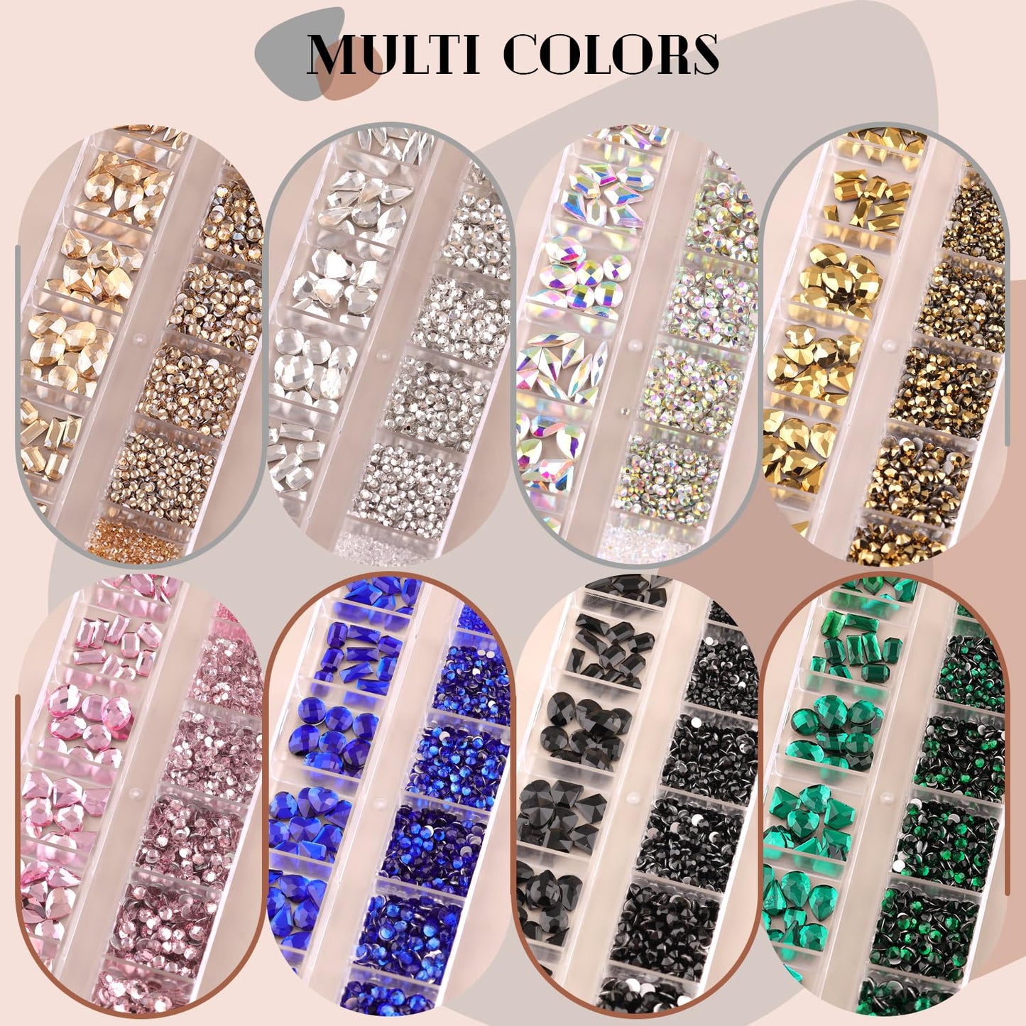 2630Pcs Clear Glass Nail Rhinestones 120Pcs Multi Shapes Flatback Gems Crystal + 2510Pcs 1.5-4mm Round Beads with Rhinestones Glue Gel, Manicure Diomand Jewelry Gemstones for Nail Design Makeup