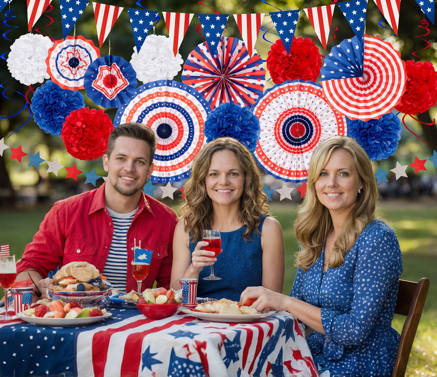29PCS 4th/Fourth of July Patriotic Decorations Set - 250th Anniversary Red White Blue Paper Fans,USA Flag Pennant,Star Streamer,Pom Poms,Hanging Swirls Party Decor Supplies