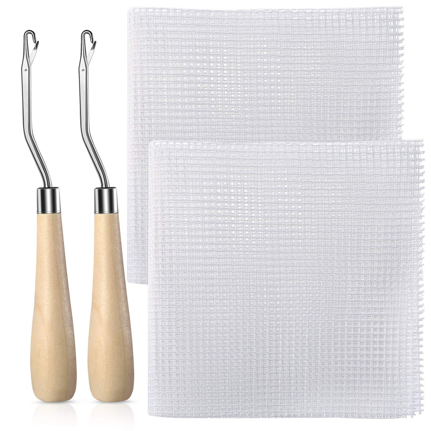 WILLBOND 2 Pieces Blank Rug Hooking Mesh Latch Hook Mesh Canvas Kit with 2 Pieces Wooden Bent Tool for DIY Tapestry Canvas (19 x 39 Inches)