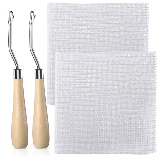 WILLBOND 2 Pieces Blank Rug Hooking Mesh Latch Hook Mesh Canvas Kit with 2 Pieces Wooden Bent Tool for DIY Tapestry Canvas (19 x 39 Inches)