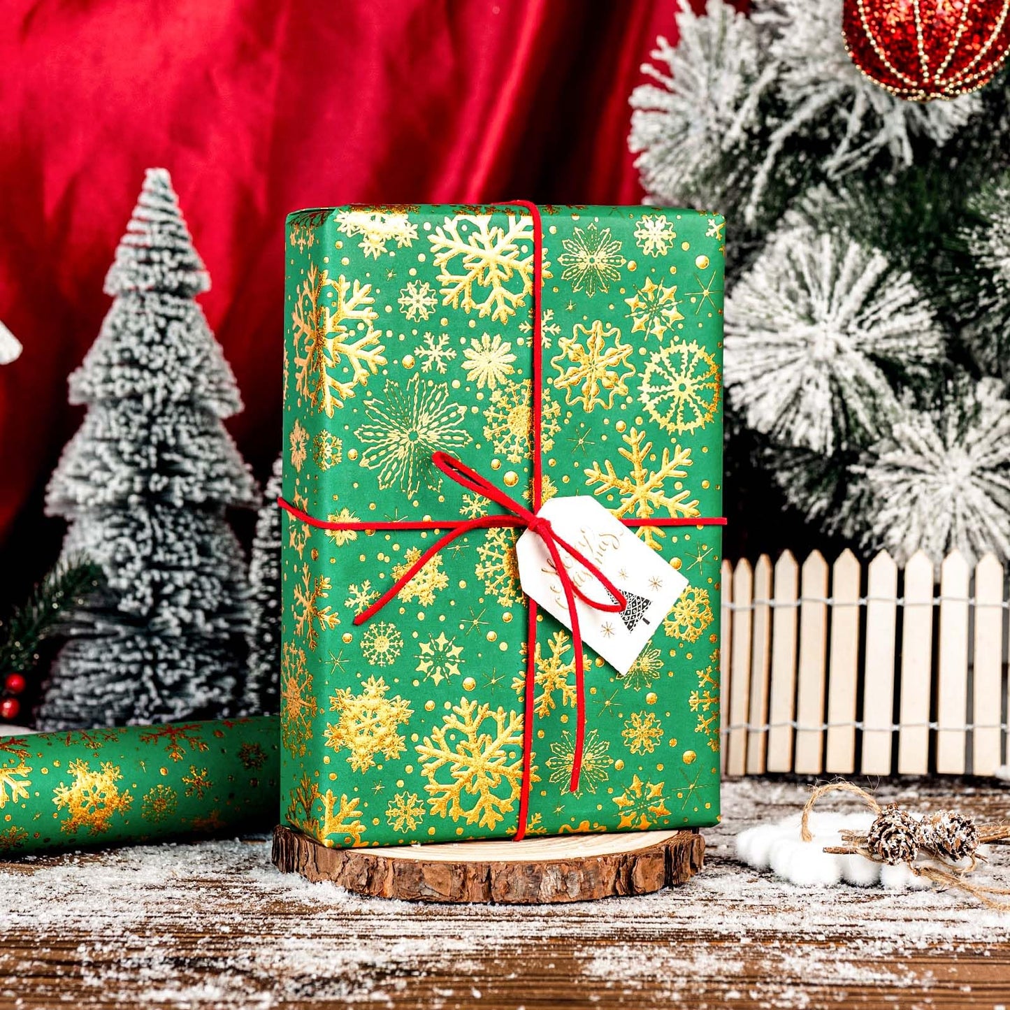 Kraft Christmas Green Wrapping Paper,Gold Luxury Snowflake Metallic Gold Embossed Foil Gift Wrap Roll Design for Holiday, Party,Celebration, New Year (17 Inch X 32.8 Feet)