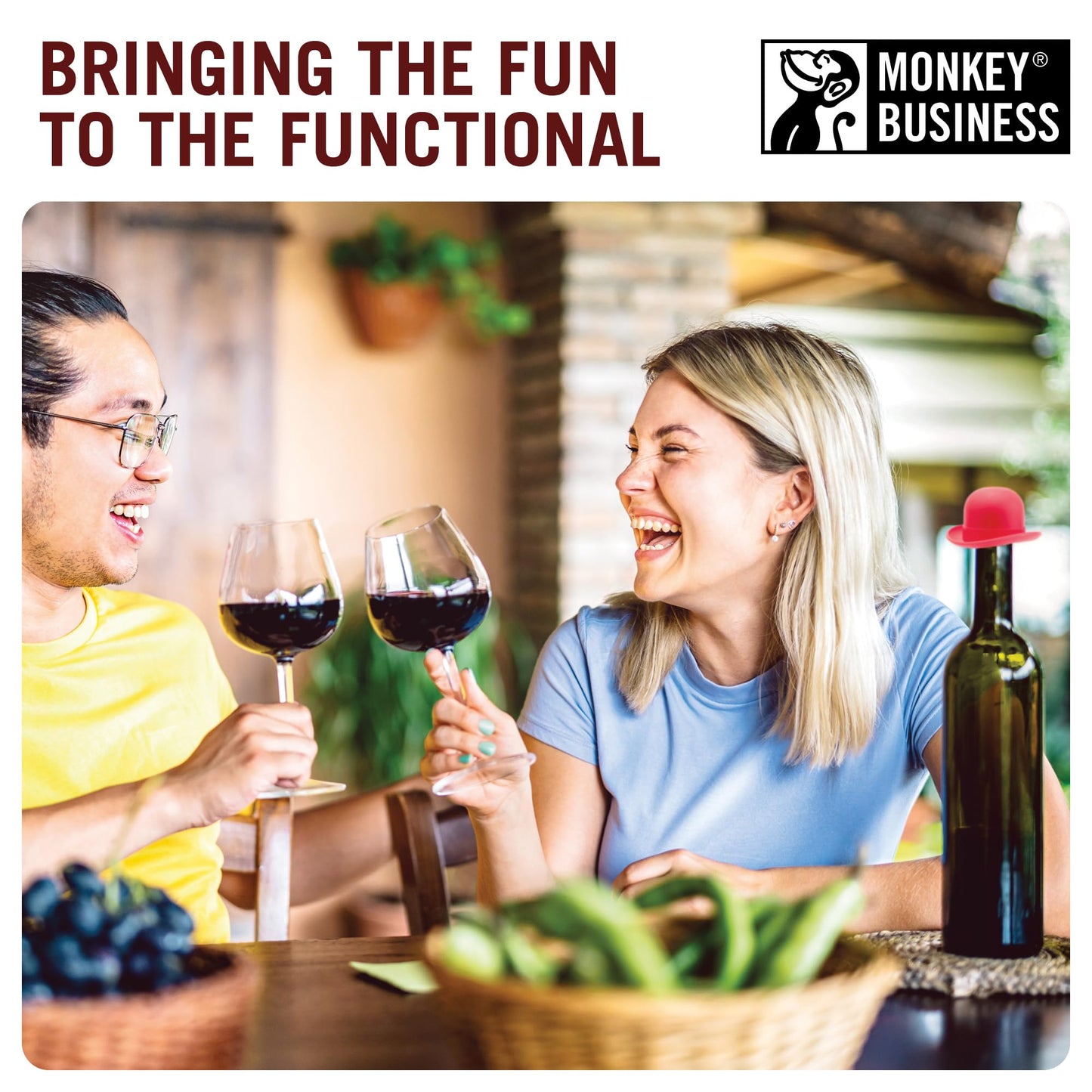 Monkey Business Silicone Wine Stopper | Seals Bottle and Keeps Wine Fresh/Cute Wine Accessories/Kitchen Gadgets/Bowler Hat Bottle Stopper (Set of 2)