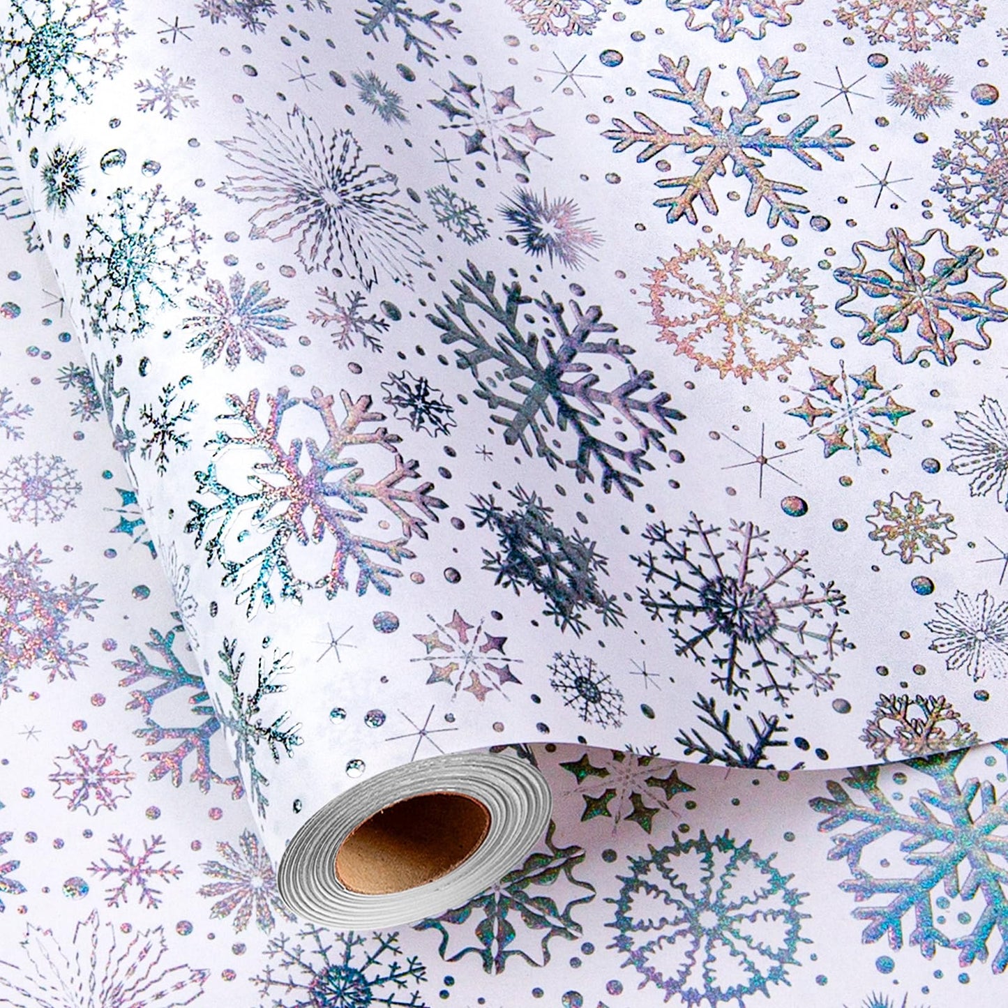 Kraft Christmas Wrapping Paper-Silver Snowflake Metallic Embossed Foil Luxury Gift Wrap Roll Design for Holiday, Party,Celebration, New Year (17 Inch X 32.8 Feet)