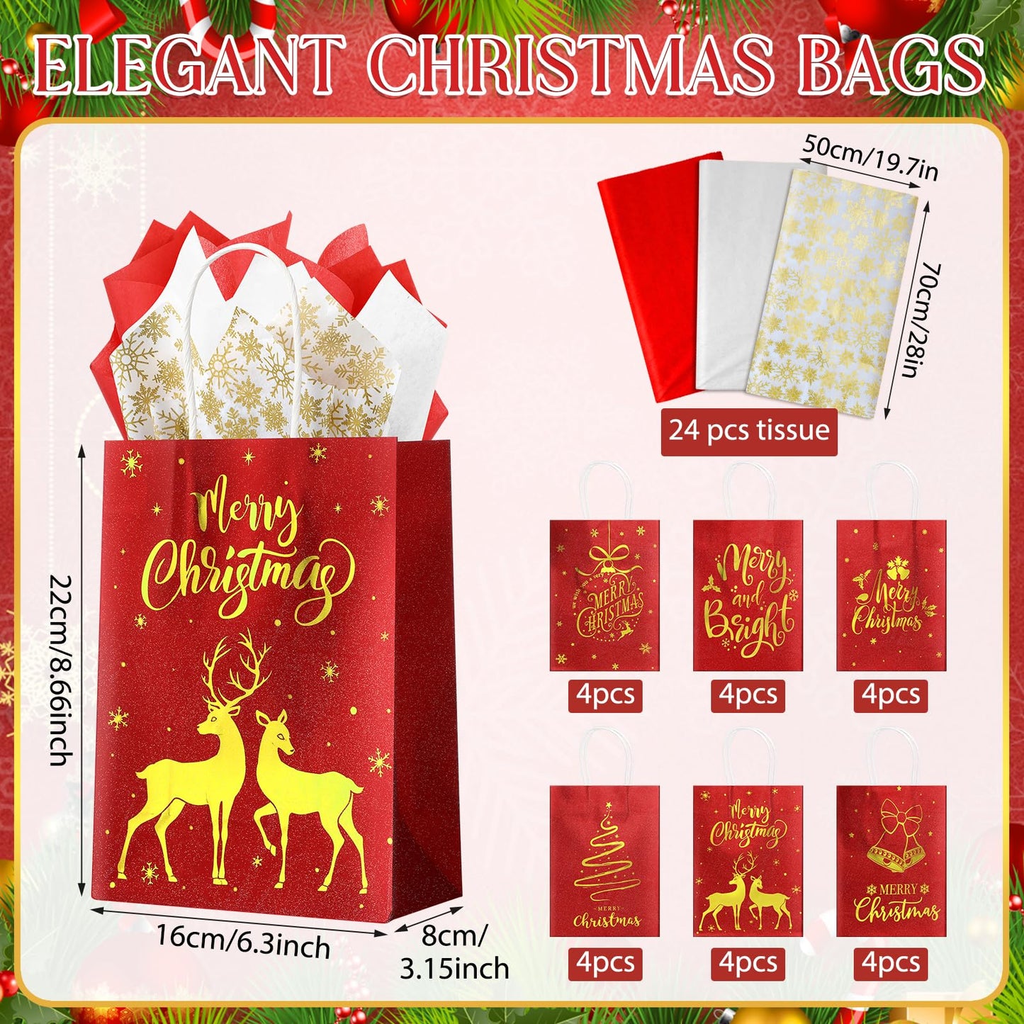 24 Pcs Christmas Gift Bags, Red Glitter Christmas Bags for Gifts with Tissue Paper, 6 Styles Red and Gold Foil Paper Goodie Bag with Handles, Bulk Xmas Holiday Reusable Party Favor Treat Bag