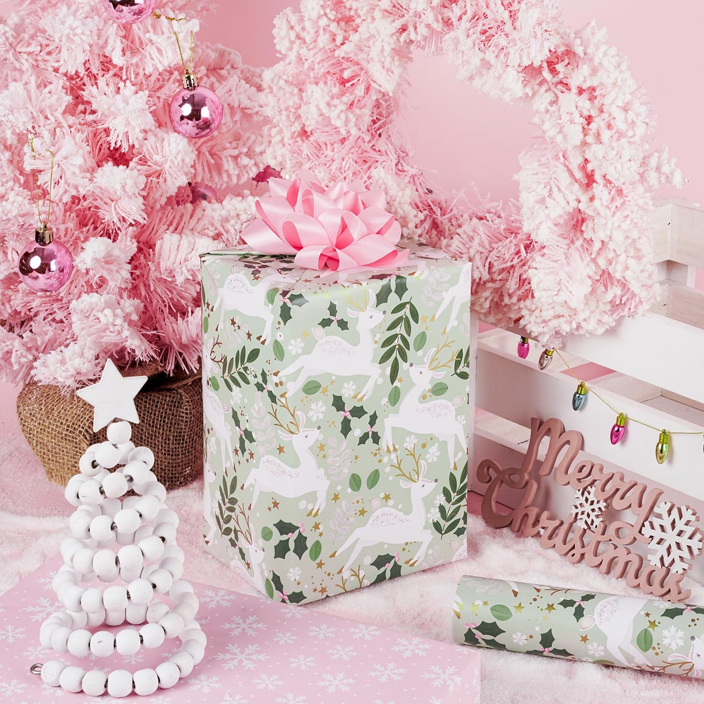 Reversible Wrapping Paper Roll - Mini Roll - Christmas White Reindeer and Snowflake Pattern Great for Christmas, Party, Holiday - 17.5 Inches X 32.8 Feet