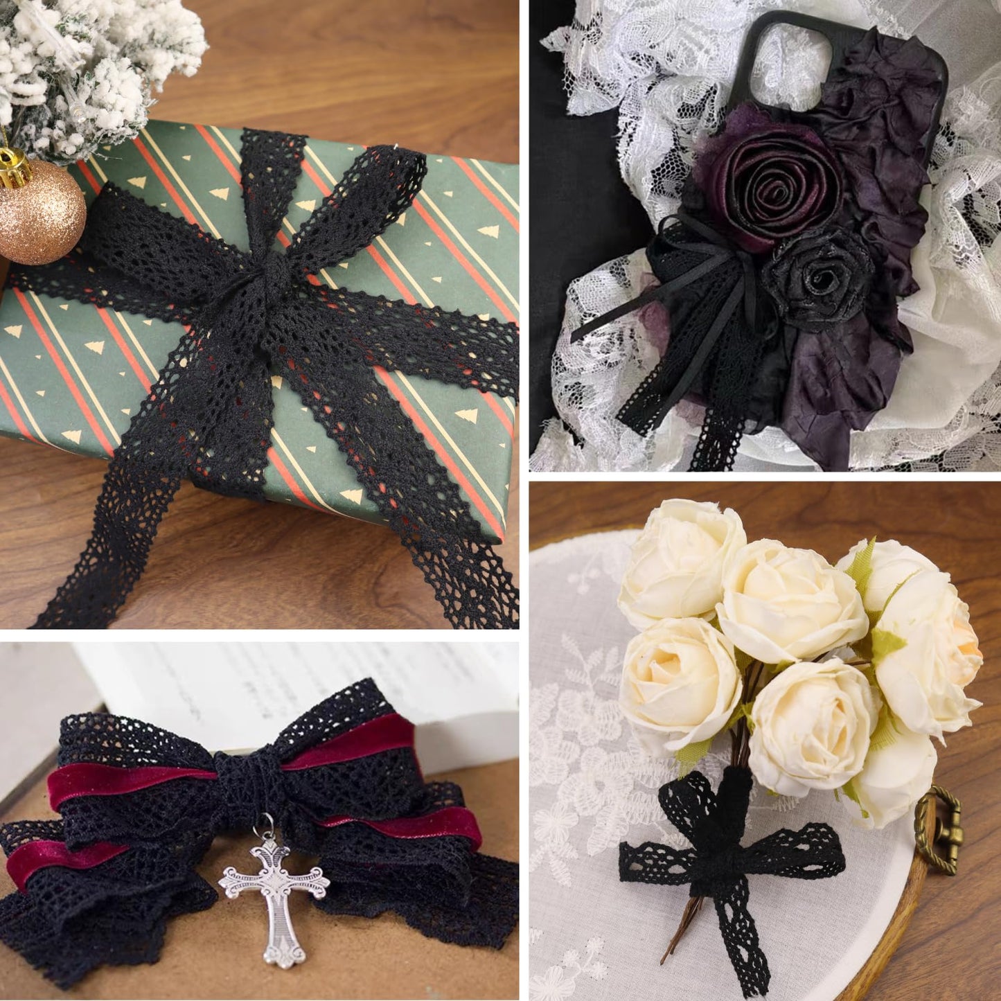 Black Lace Ribbon 15 Yards Cotton Lace Trim Crochet Sewing Lace for Crafts, Gift Wrapping, Decoration