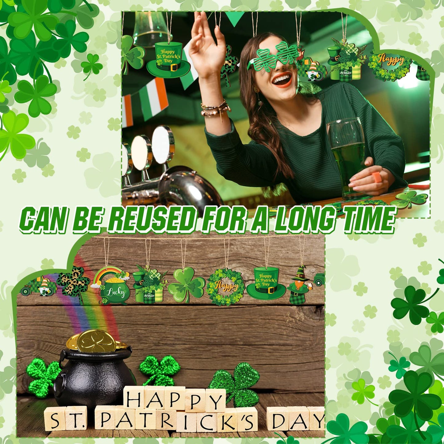 36 Pieces St. Patricks Day Decorations Wooden Shamrock Ornaments for Tree St Patricks Day Ornaments Irish Hanging Decorations for Party