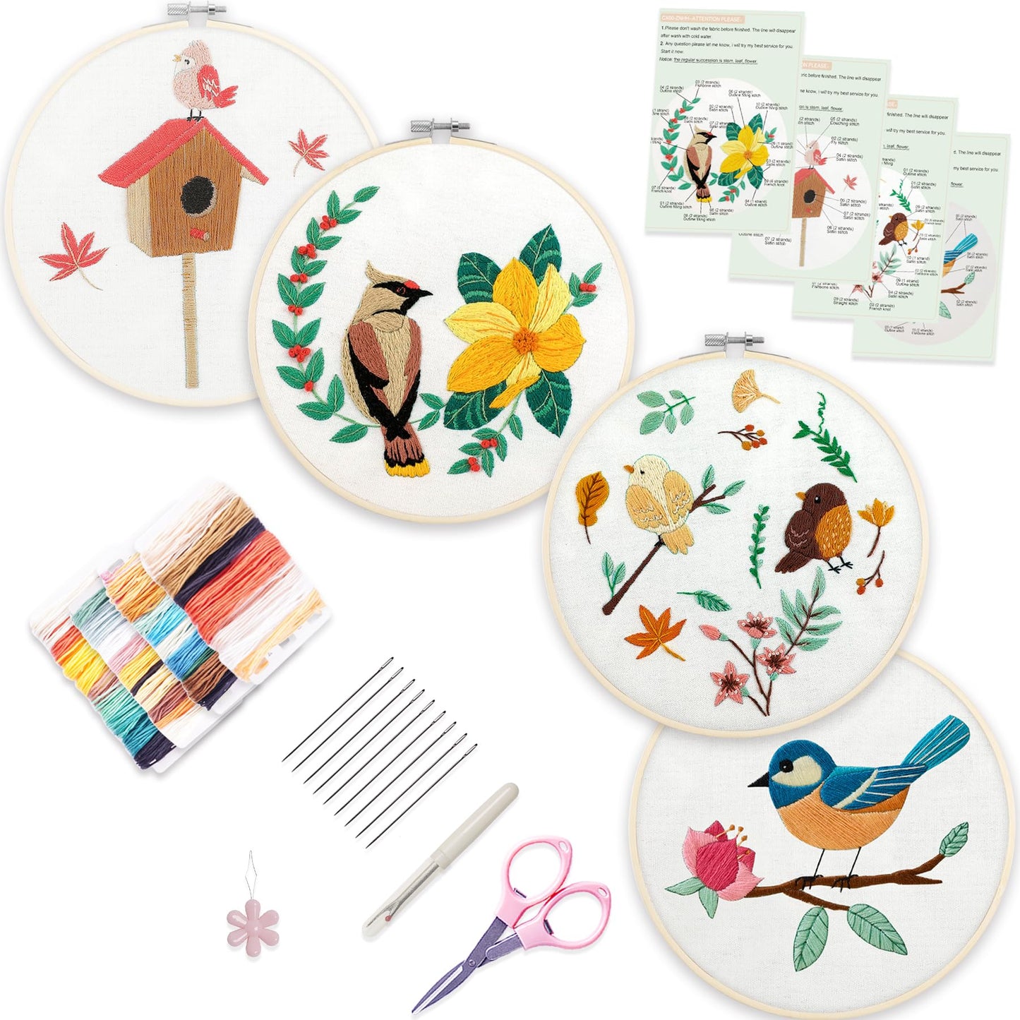 4 Sets Embroidery Set for Beginners, Art Craft, Easy Sewing, Includes Embroidery Clothing, Pattern, Embroidery Hoop, Instruction Manual, Colorful Thread Needles Set (6 Pieces)