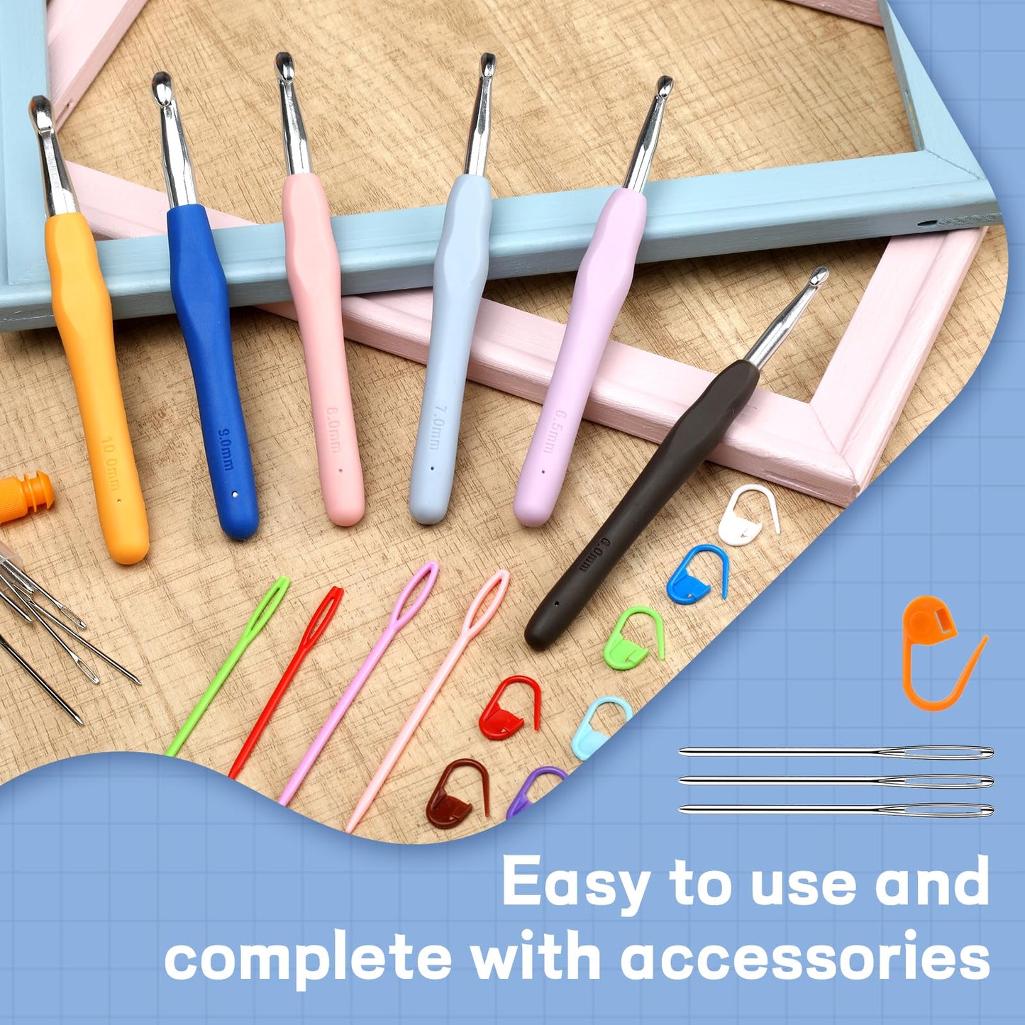 9 PCS Crochet Hooks, 2mm-6mm Multicolor Extended Crochet, Ergonomic Handle Crochet Hooks Set for Beginners Adults with Stitch Markers and Knitting Needles