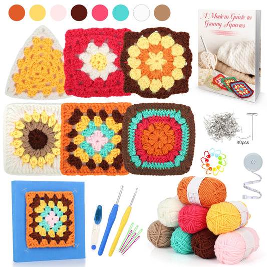 Crochet Kit for Beginners, Granny Square Crochet Kit for Adults Includes Crochet Blocking Mat Crochet Book, Beginner Crochet Kit for Kids Learn to Crochet Granny Squares Blanket Bags (GRP A)