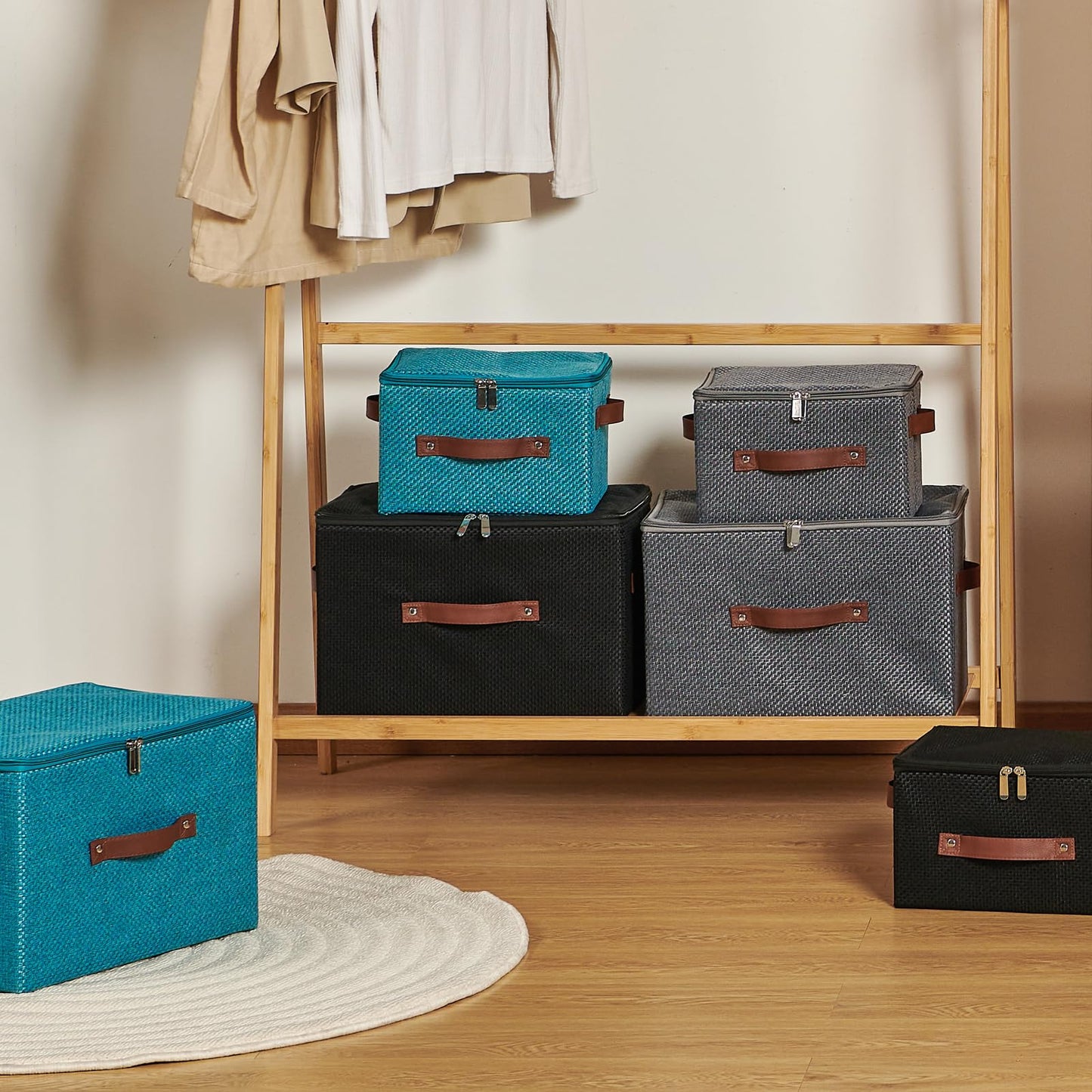 Storage Bins with Lid Fabric Storage Box Basket PU Leather Handle Textured Woven Cotton Linen Decorative Foldable Washable Shelf Closet Organizer Container (Zipper Lid, Gray, Small)